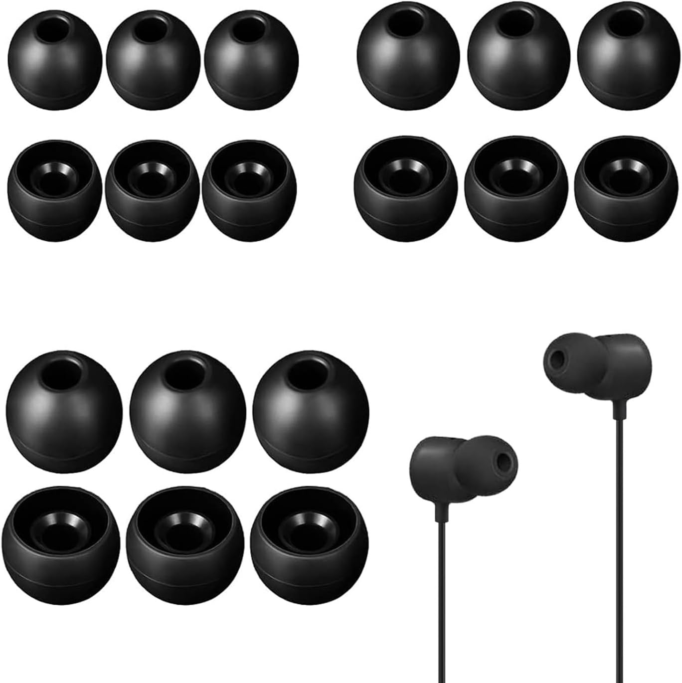 Set of 18 Silicone Tips For Earphones Earplugs Replace Earbuds Soundproof Cap for In-Ear Headphones Replacement Eartips 3 Different Size (S/M/L) Black