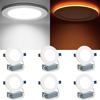 Meconard 6 Pack 4 Inch 5CCT LED Recessed Lighting with Night Light, 2700K/3000K/3500K/4000K/5000K Selectable Ultra-Thin LED Recessed Ceiling Lights, 9W=75W, 750LM, Dimmable Canless Wafer Downlight