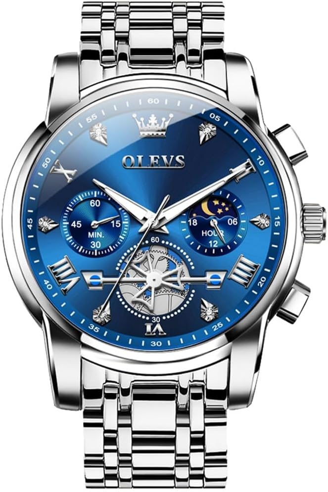 OLEVS Men's Stainless Steel Chronograph Watch, Large Face Easy to Read Roman Numerals Business Dress Male Wristwatch, Classic Waterproof Luminous Analog Quartz Watches for Men
