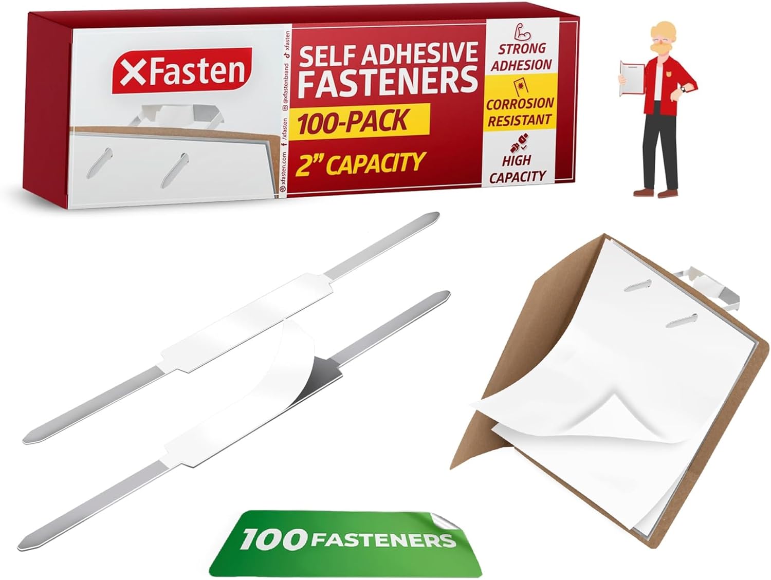 XFasten Self Adhesive Fasteners 2 Inch Capacity (100-Pack) Strong Adhesion Premium File Prong Fasteners 2 Inch for Folders | Durable Prong Fastener Base for Paper, Reports, Charts Folder Accessories