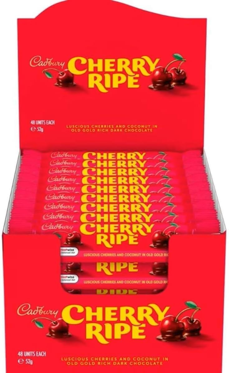 Cadbury Cherry Ripe Chocolate Bars – 48 Pack (52g Each) – Dark Chocolate with Juicy Cherries & Coconut - Made in Australia