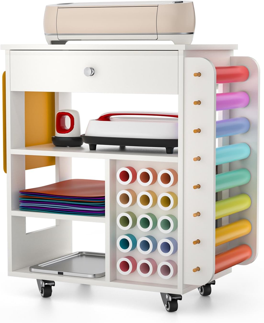 Rolling Craft Cart and Storage Table for Cricut - VDamu Vinyl Roll Holder and Craft Room Organizer