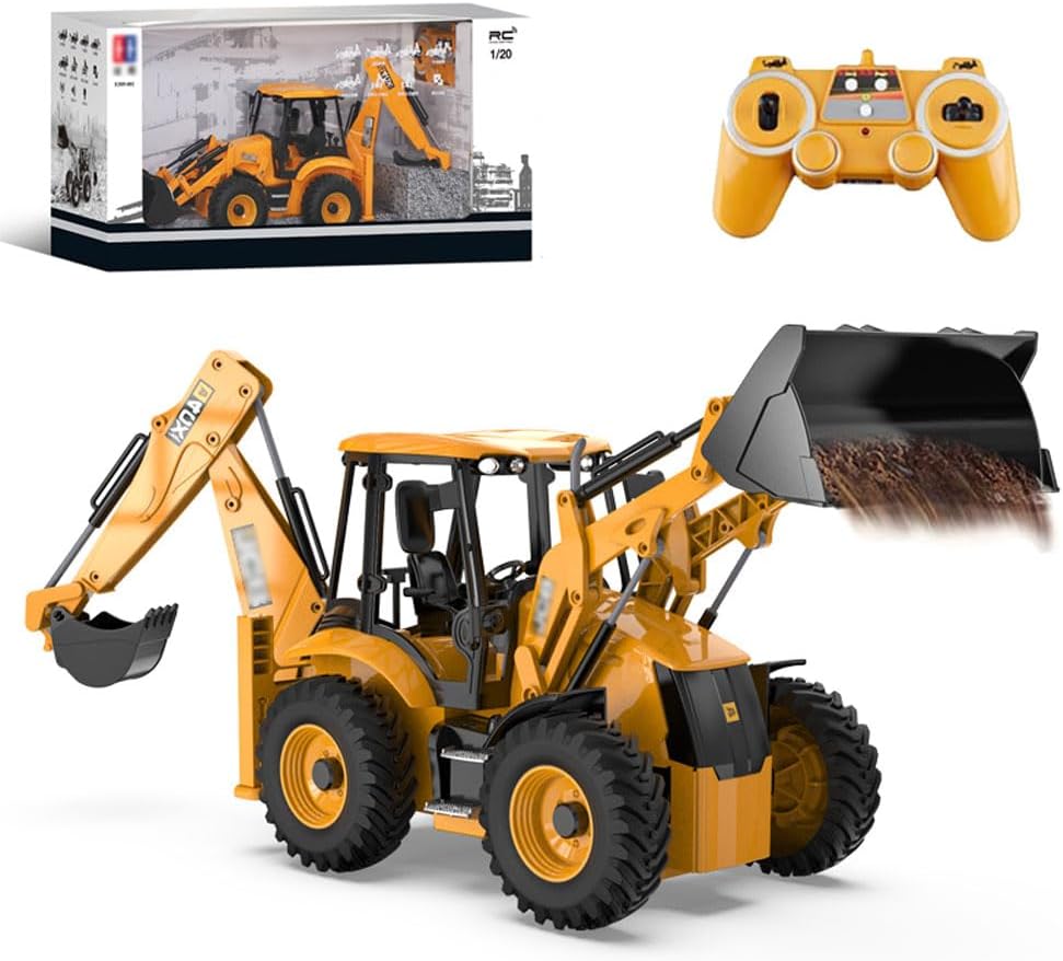 RC Backhoe Wheel Loader 11CH 2.4G Fully Functional 1/20 Remote Control Excavator Bulldozer Back Hoe Truck Tractor Digger Heavy Duty Construction Vehicle Engineering Trucks