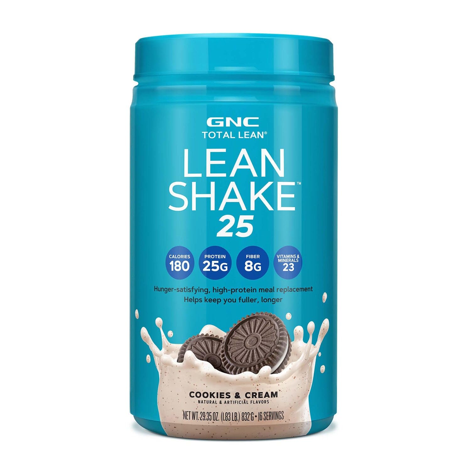 GNC Lean Shake 25 Meal Replacement Powder, Weight Management, With 25g Protein and High Fiber, Keto, Cookes and Cream, 16 Servings