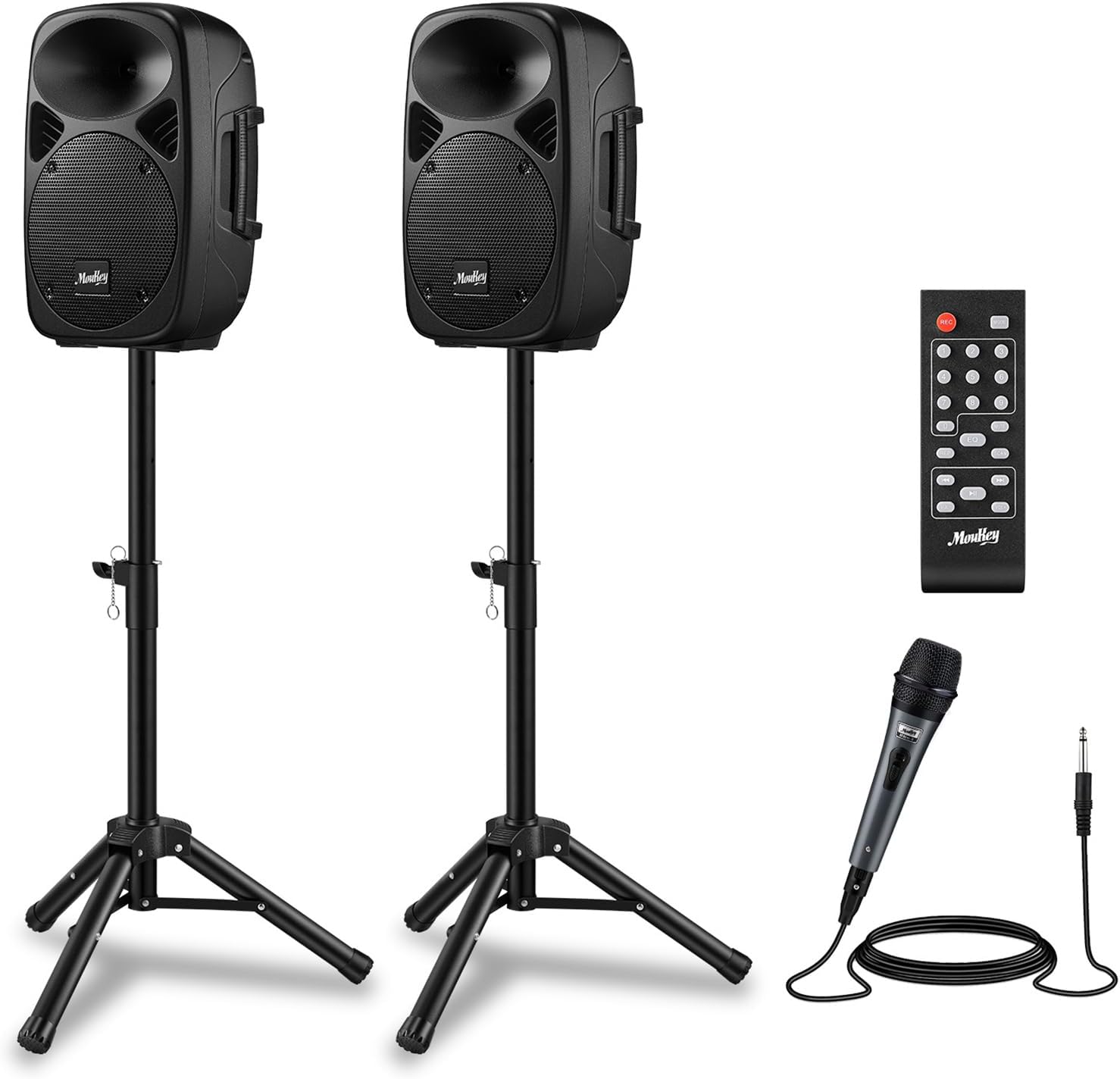 Moukey MPA80 PA System, 8 Inch Active & Passive Powered Rechargeable PA Speakers, 600W Peak Power, with 2 Tripod Stands, Wired Microphone, Remote Control, Support BT/USB/TF/FM/AUX