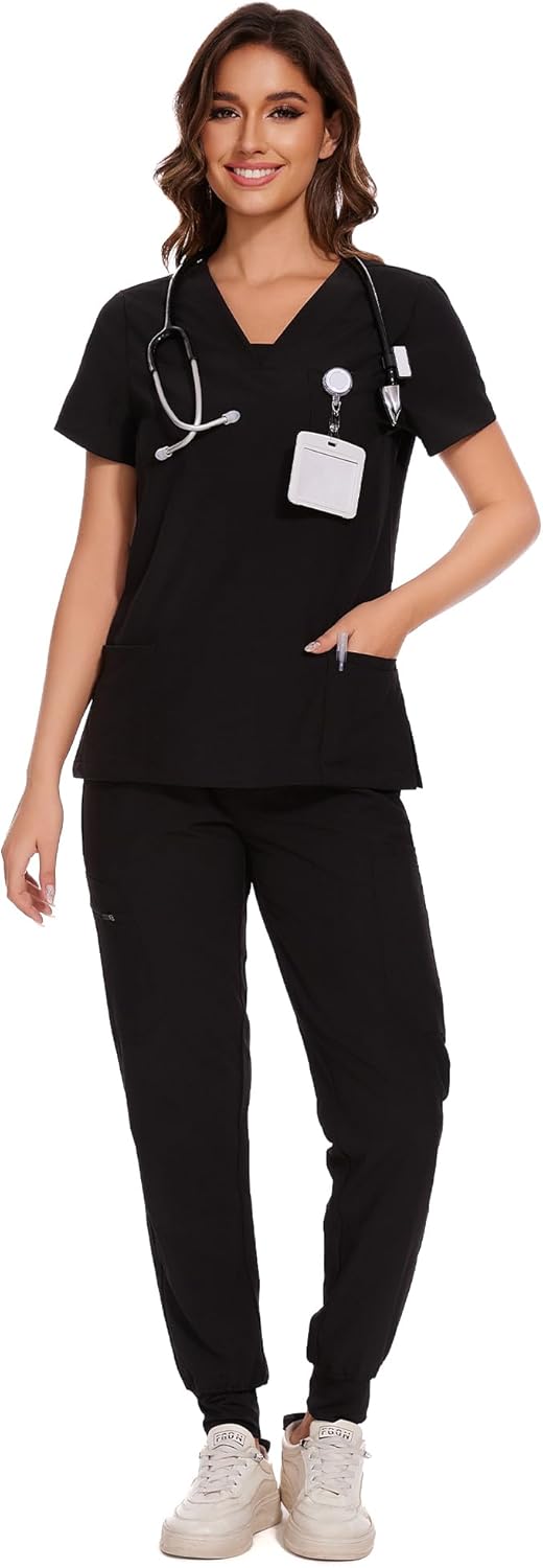 COZYFIT Scrubs for Women - V-Neck Top & Cargo Pants Scrubs Set with 10 Pockets