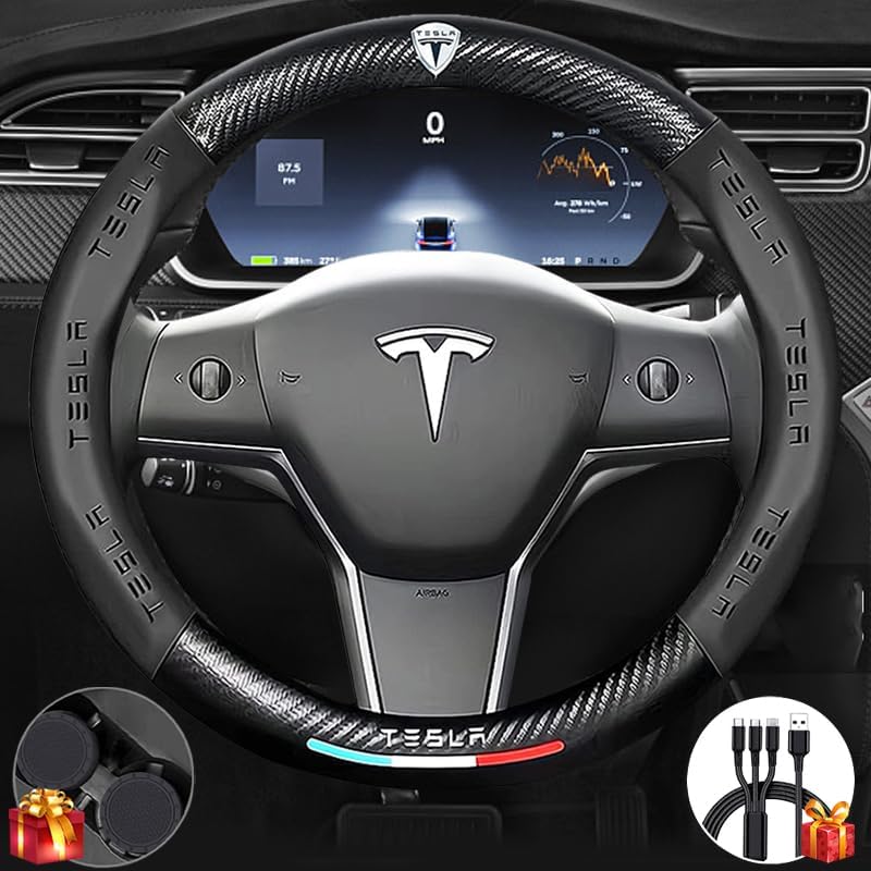 Steering Wheel Cover Compatible with Tesla, Premium Napaa Leather&Carbon Fiber Texture Steering Wheel Cover, with 2 Coasters and USB Fast Charging Cable (Black)