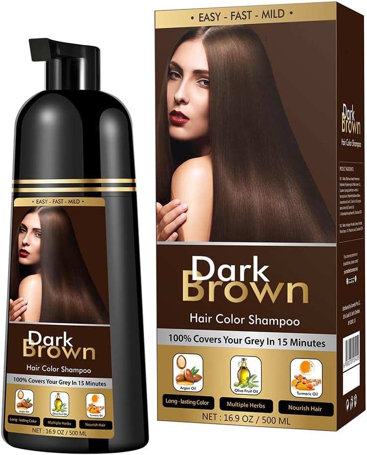 Dark Brown Hair Dye Shampoo for Men and Women,Instant Color Shampoo for Gray Hair Coverage, Herbal Ingredients, 500ml