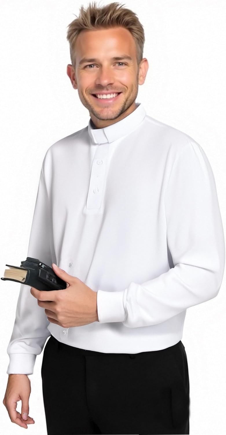 Men's Clergy Tab Collar Polo Shirt Long Sleeve Pastor Minister Preacher Shirt Priest Tops