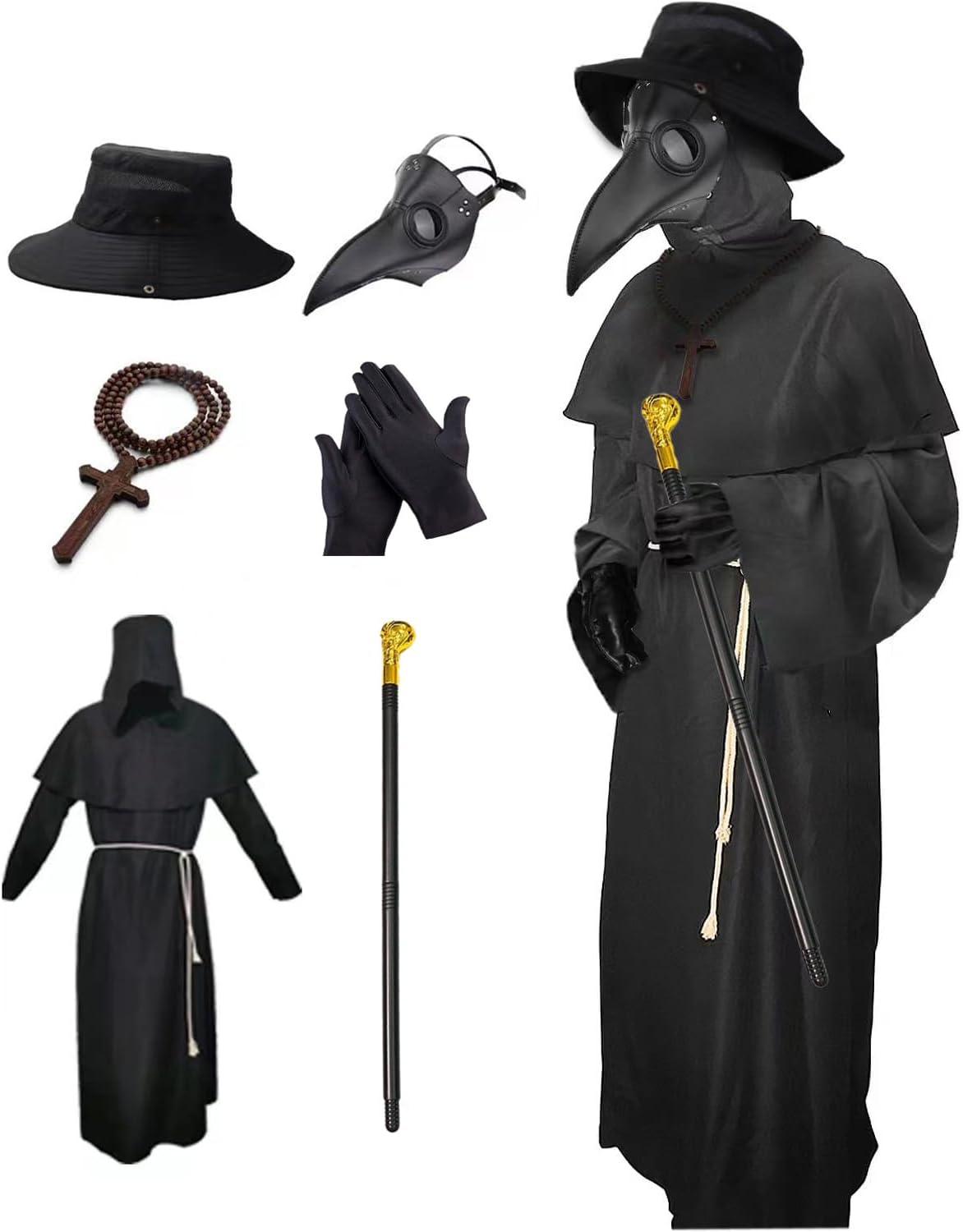Nicexx Plague Doctor Mask Costumes Set 6 in 1 Halloween Beak Mask Plague Dr Outfit for Adults