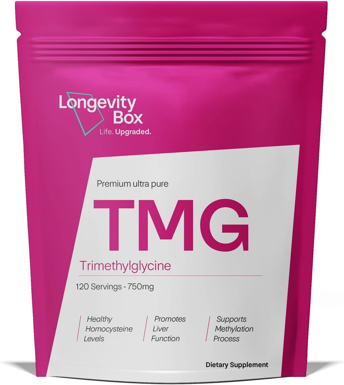 Longevity Box TMG Supplement 750mg x 120 Capsules - Over 99% Pure Trimethylglycine As Betaine, High Strength TMG, DNA Production, Enhance Liver & Heart Function, 3rd Party Certified, Vegan & Non-GMO