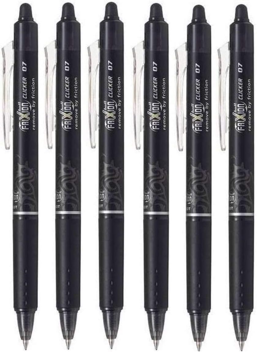 Pilot Black Frixion Clicker Retractable Fine Rollerball Erasable Pens Pen 0.7mm Nib Tip 0.35mm Line BLRT-FR7 (Pack Of 6)