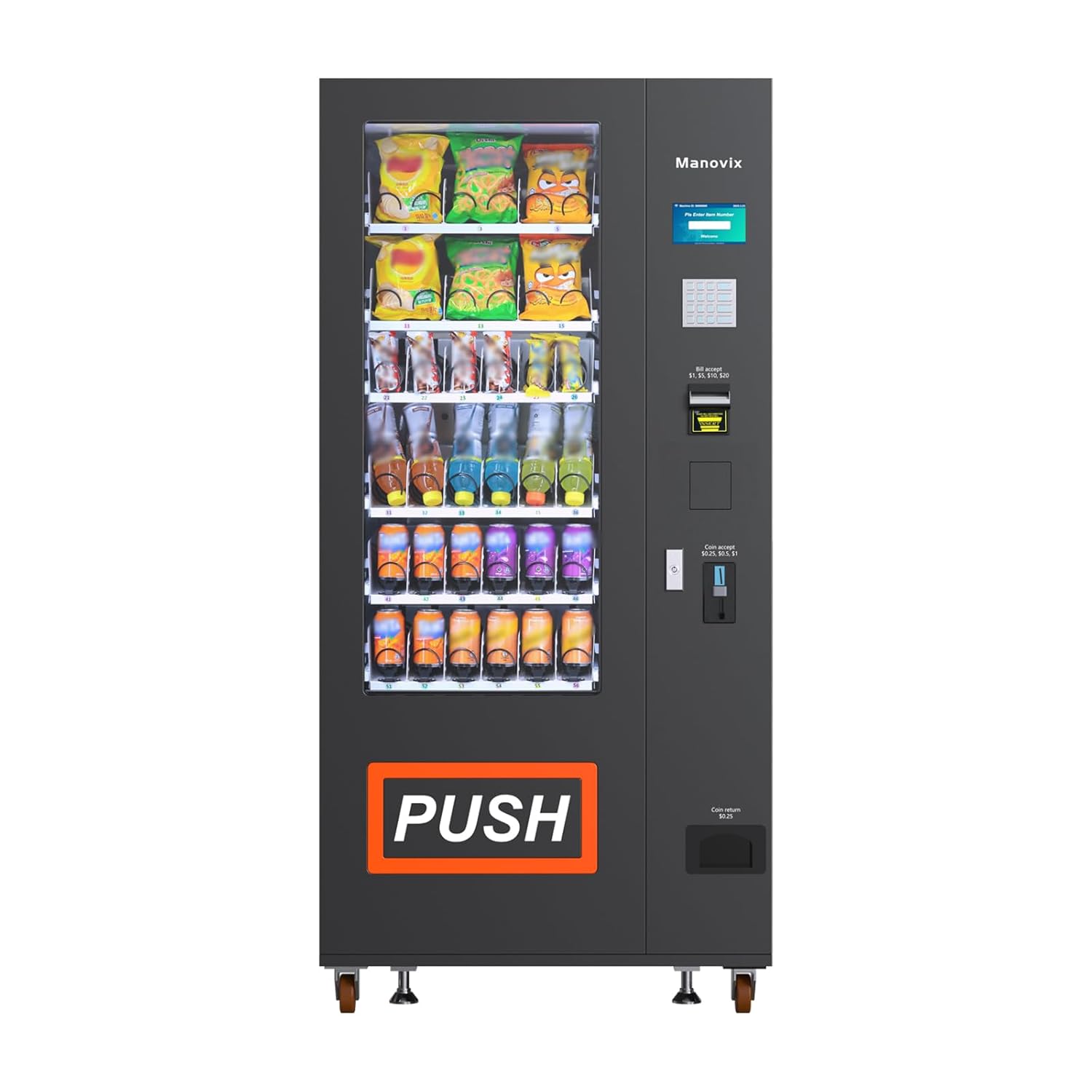 Large Snack and Beverage Combo Commercial Vending Machine,36 Slots Refrigerated Cold Drink Sodas Vending Machine for Business with Bill & Coin Acceptor, Black and Orange,Caster Design