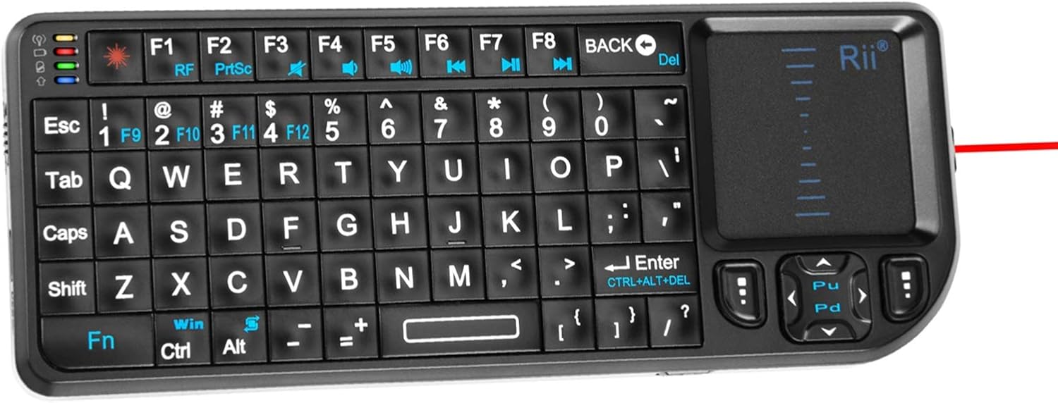 Rii Mini Wireless Keyboard with TouchpadQWERTY, Support Bluetooth2.4G Connection, Built-in Laser Pointer, Portable Backlit Keyboard with Remote Control, X1-BT Black
