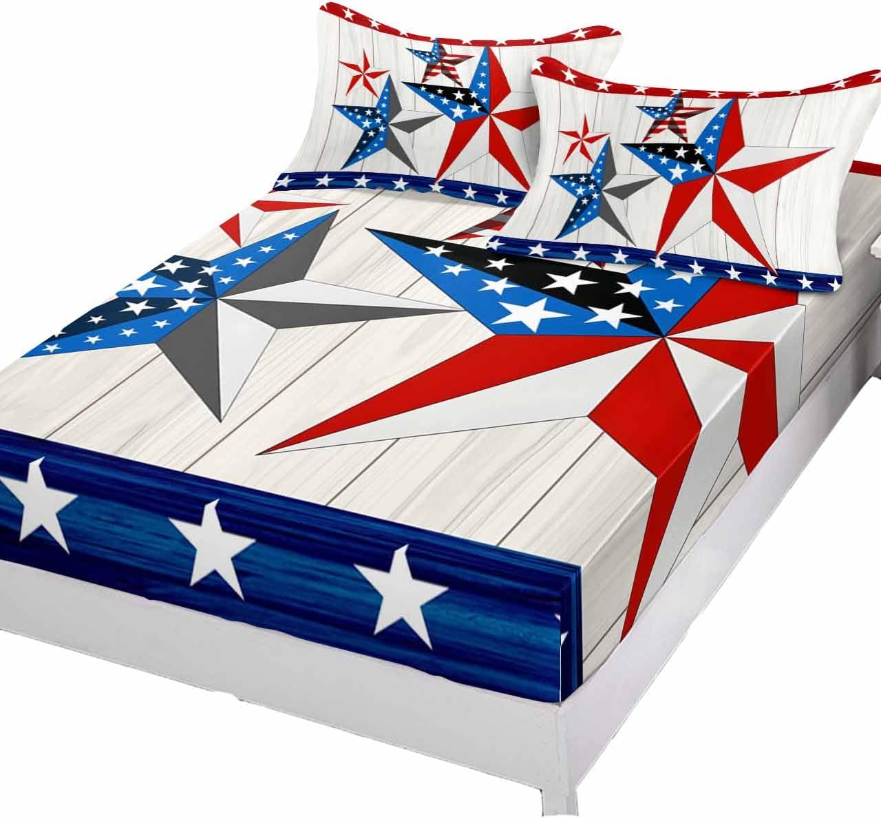 Fitted Sheets Elastic Deep Pocket Bed Sheet Cal King, American Flag Star on Wood Board Soft Bed Sheets Set,Independence Day Mattress Cover Up Hotel Luxury Fitted Sheet Pillowcase for Bedroom