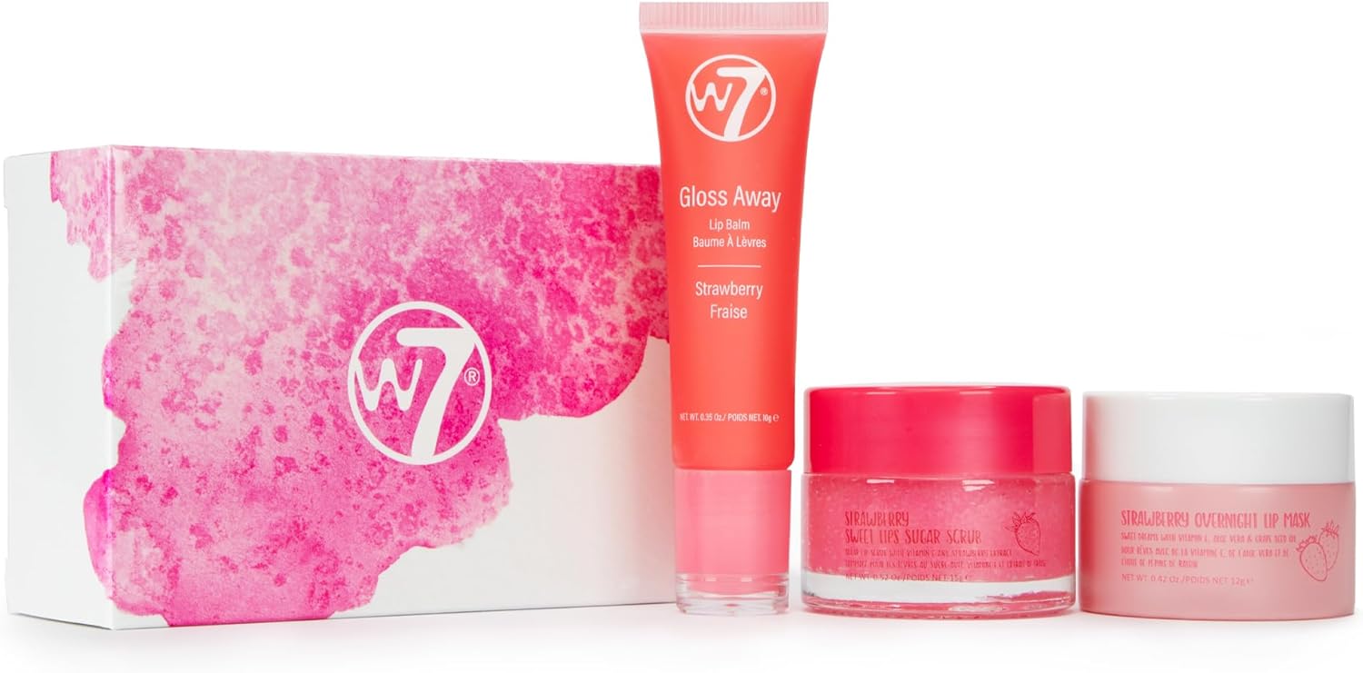 W7 Sweet Dreams Lip Care Trio - 3 Piece Gift Set - Overnight Lip Mask, Lip Balm & Lip Scrub - Strawberry