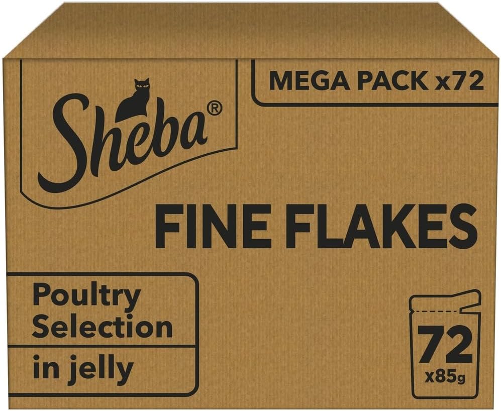 Sheba Fine Flakes in Jelly – Poultry Collection – Wet cat food pouches for adult cats – 72x85g pack