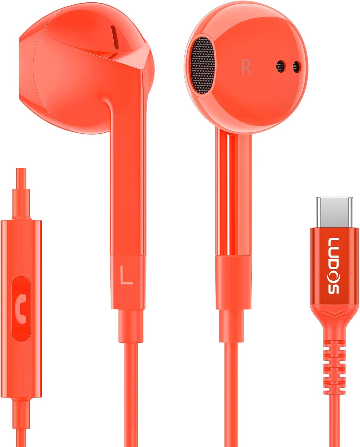 Ludos FEROX USB C Headphones, 5 Years Warranty, USB-C Earbuds for iPhone 16 15 Pro Max Plus Samsung Galaxy S24 S23 Ultra S22 S21 FE S20 Z Flip 3 Fold 4 A53 A54, USB Type C Earphones for iPad - Coral