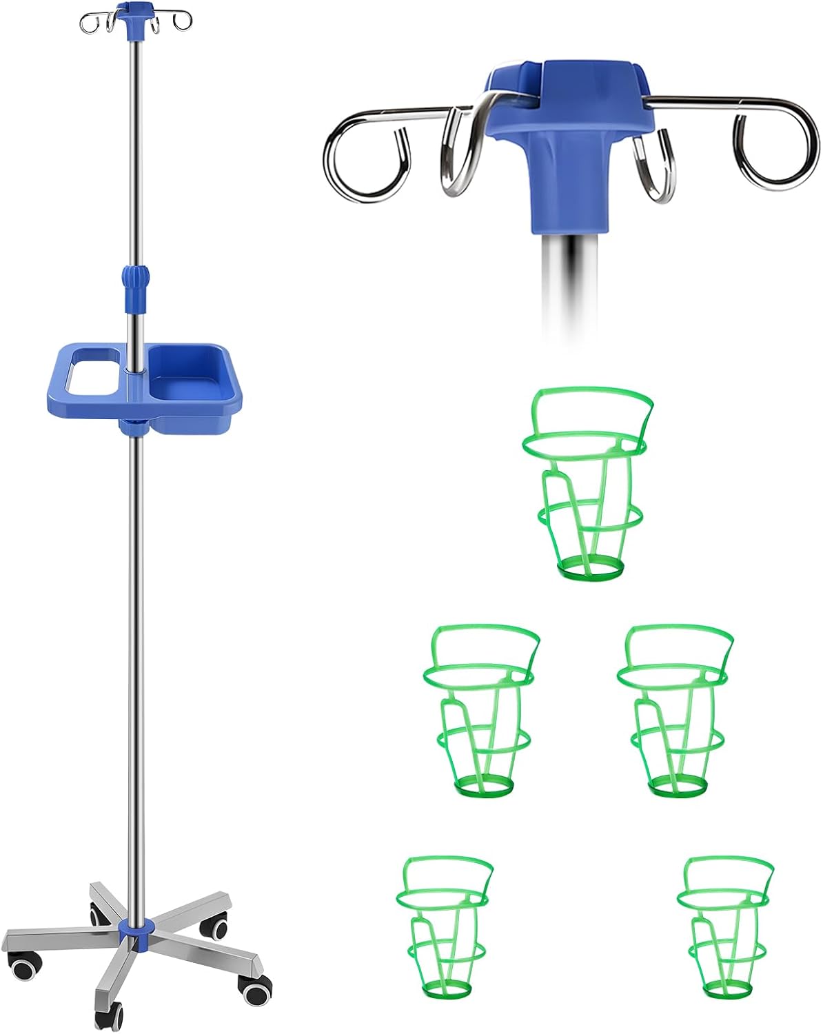 IV Drip Stand with 4 Hooks, Portable IV Pole Stand with Storage Tray & Handle & 5 Wheels & 5 IV Bag Holders, Adjustable Height, Stainless Steel Infusion Stand with for Clinic Hospital Home Care