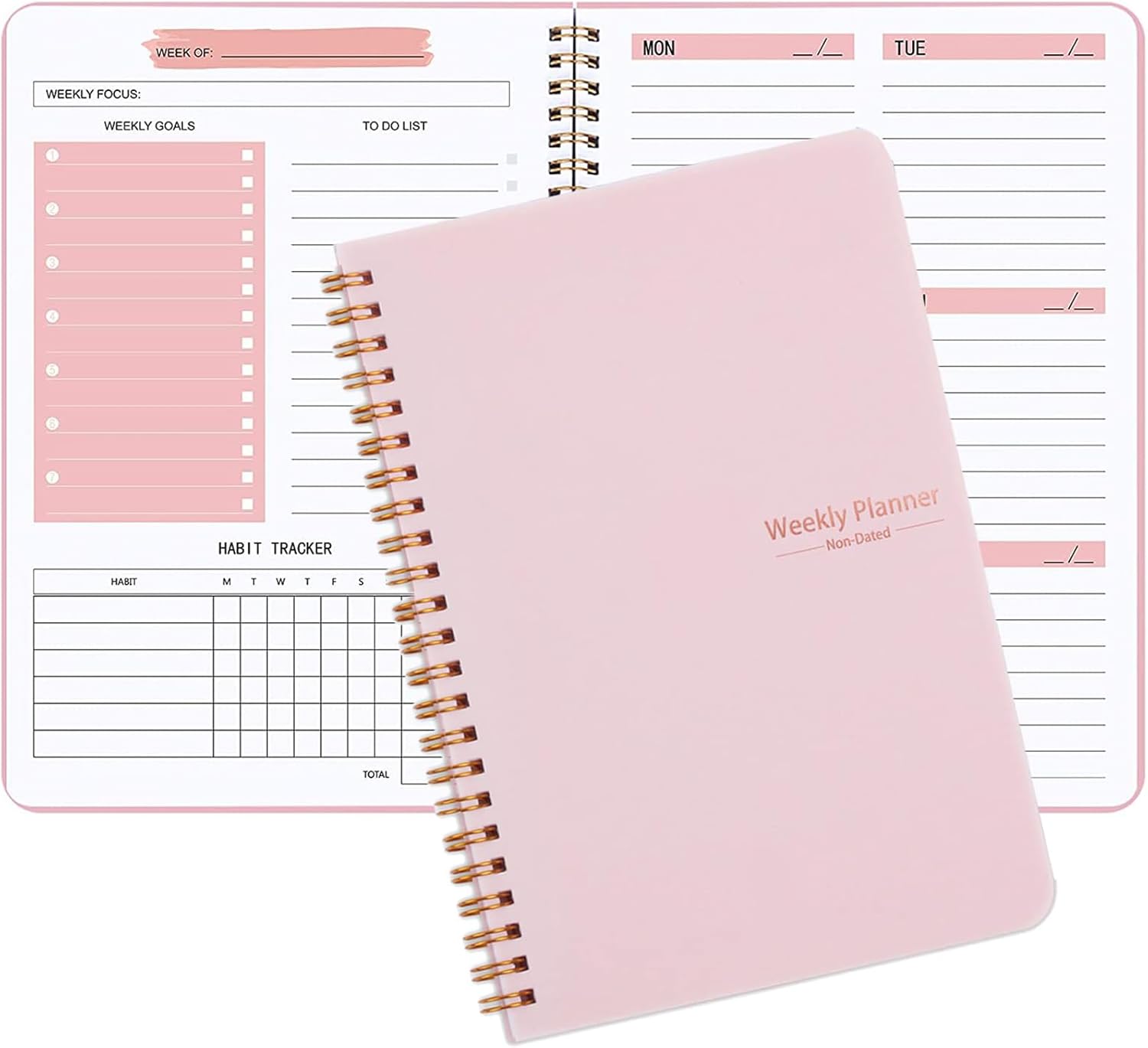 Moseem Weekly Planner Notebook, Undated A5 Daily To Do List Diary,Weekly Goals Planner with Habit Tracker 52 Weeks Planning for College Work Adhd Planner(Pink)