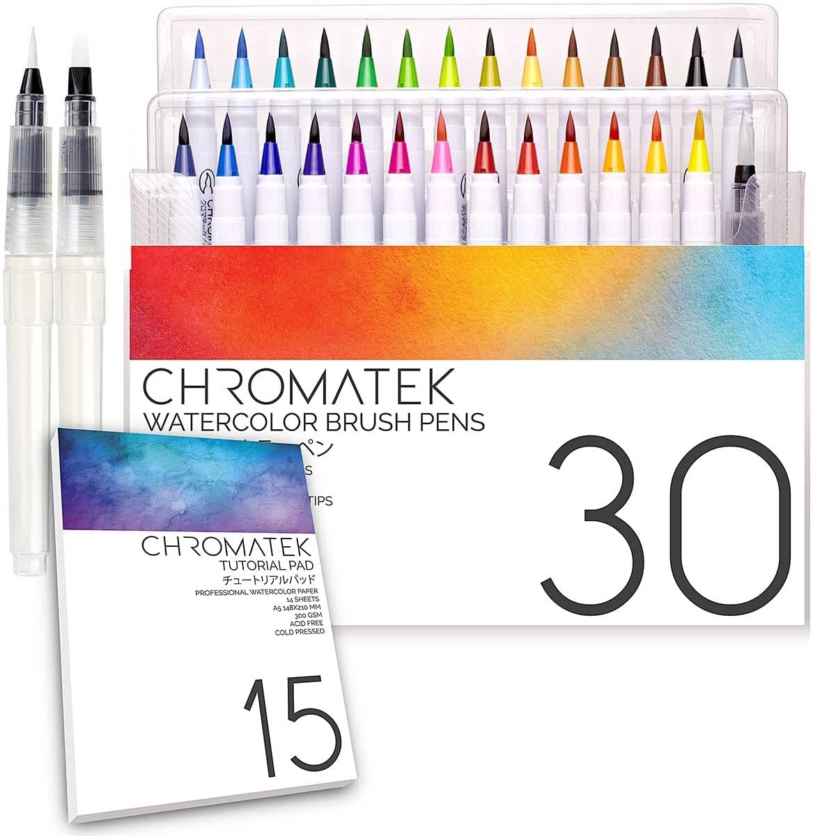 CHROMATEK Watercolour Brush Pen Set 30, 15 Page Tutorial Pad and Online Video Tutorial Series Real Brush Tip. Vivid. Smooth. Blendable. Professional Quality. 27 Colors, 3 Aqua Pens
