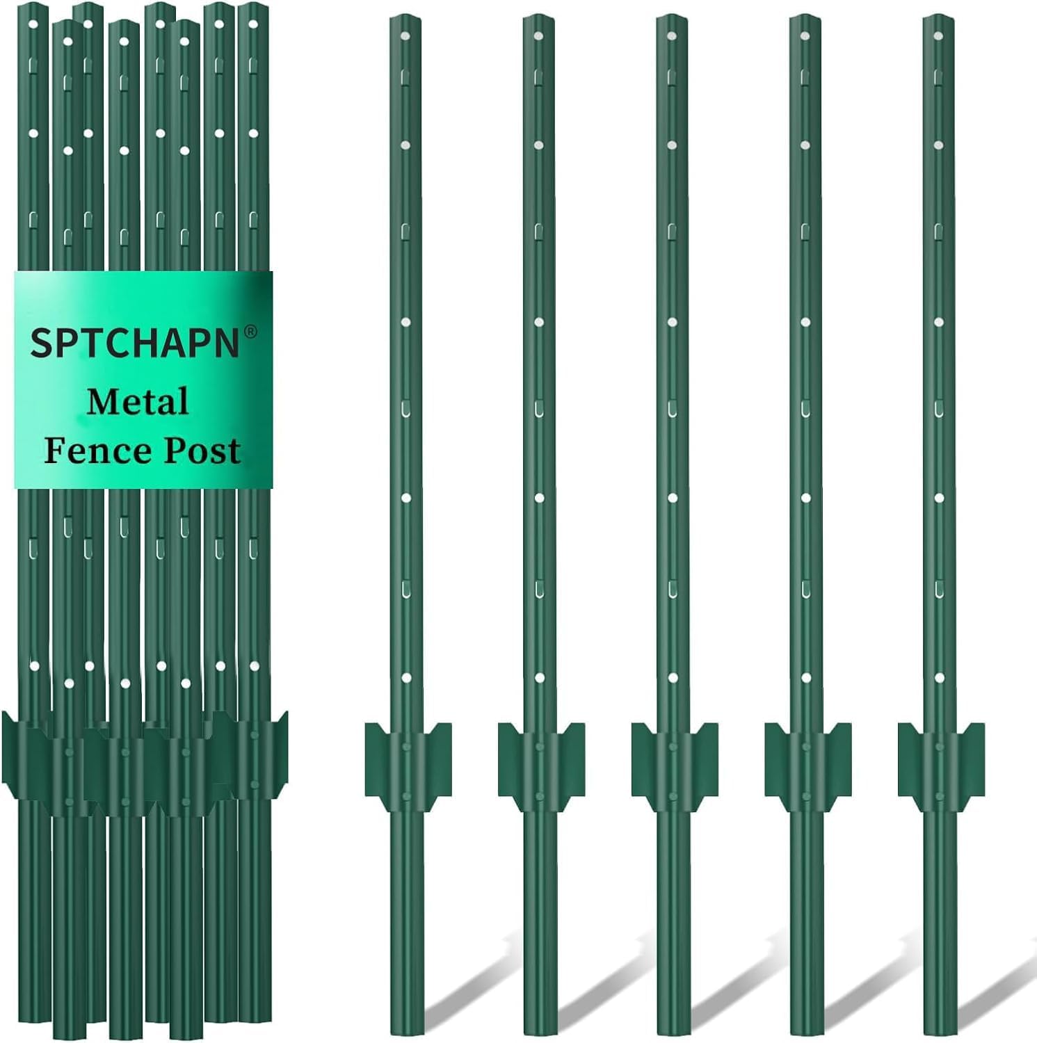 Sptchapn 3ft Strong and Durable Metal Fence Post, Pack of 5 for Garden Patio and Outdoor Wires U-Fence Post Green T-Posts (5)
