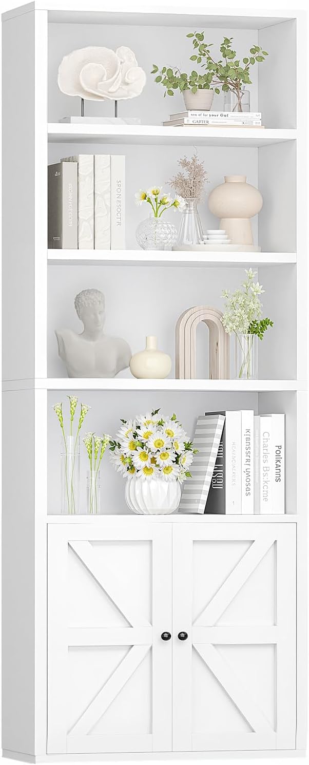 Nordivale Bookcase with Doors 6-Tier White Bookshelf Tall Cabinet and Bookshelves Wide Floor Standing Book Shelf Tall Display Rack Shelves with Storage Unit for Home Office Living Room Bedroom, 1 Pack