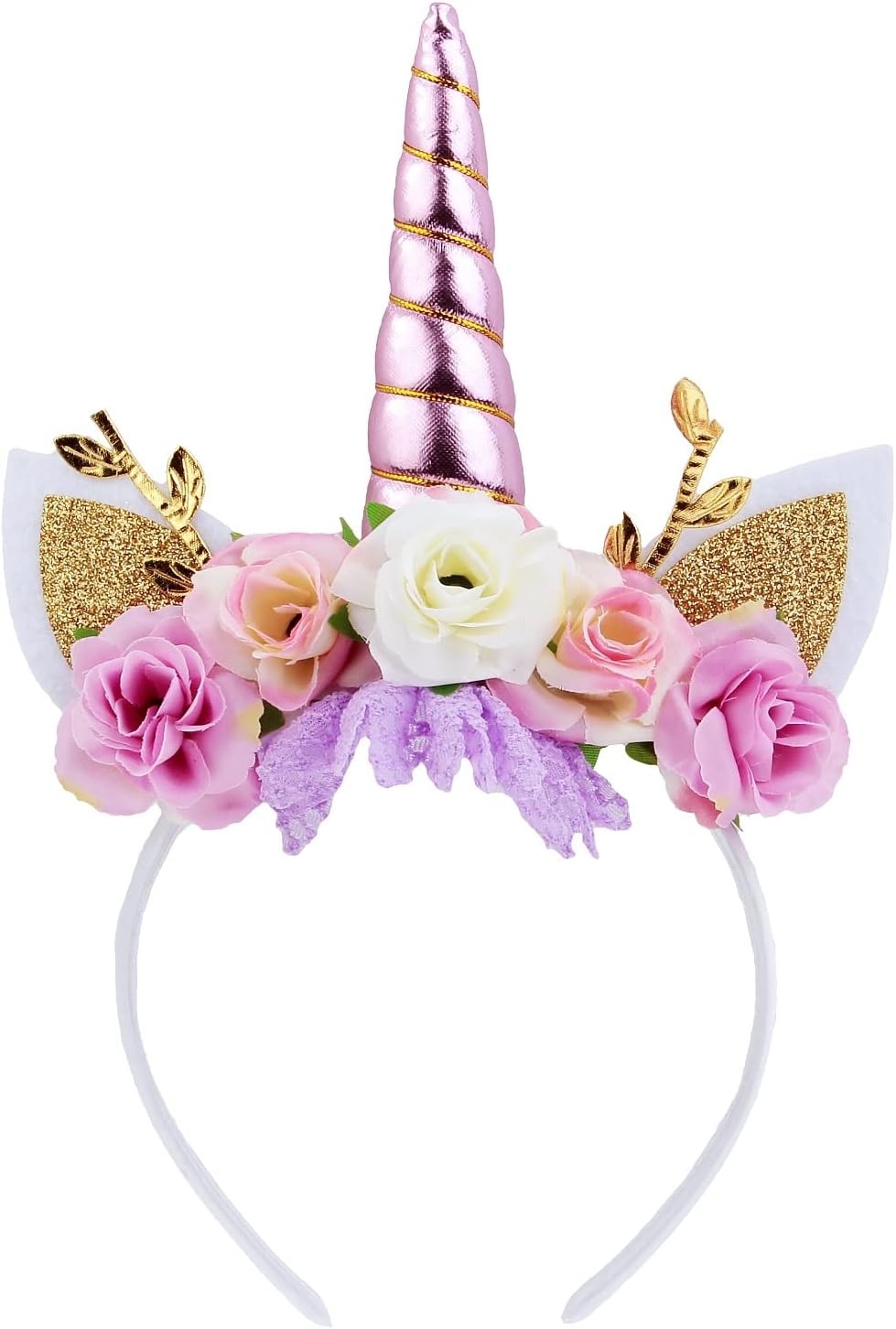 Nishine Unicorn Horn Floral Headband Glitter Ears Pony Head Bands Tiara for Girls Party Birthday Cosplay