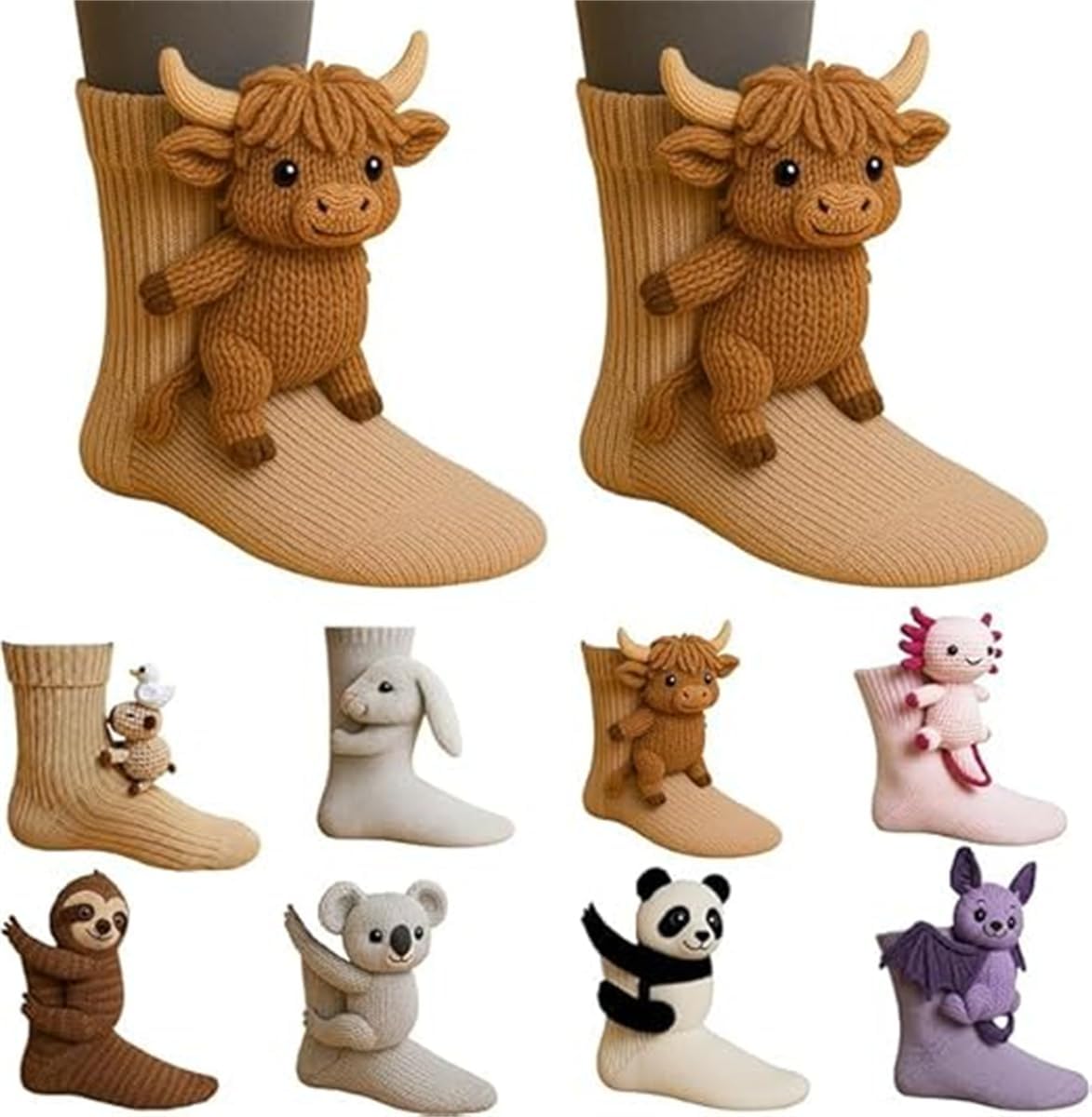 3D Knit Animal Socks – Novelty Floor Sock for Christmas, Animal Socks Hand Crocheted, Multiple Styles of Animal Sock, Cute and Warm, Perfect for Winter, Christmas Gifts for Unisex
