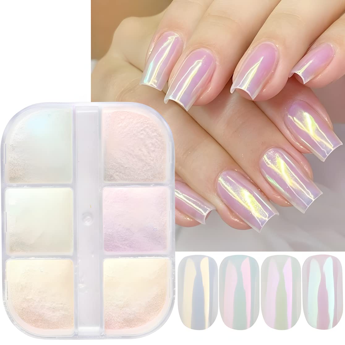 6 Colors Chrome Nail Powder Metallic Mirror Effect Aurora Magic White Pearl Chrome Nails Powder for Nail Art Gel Polish, Mica Powder Iridescent Nail Powder Manicure Pigment