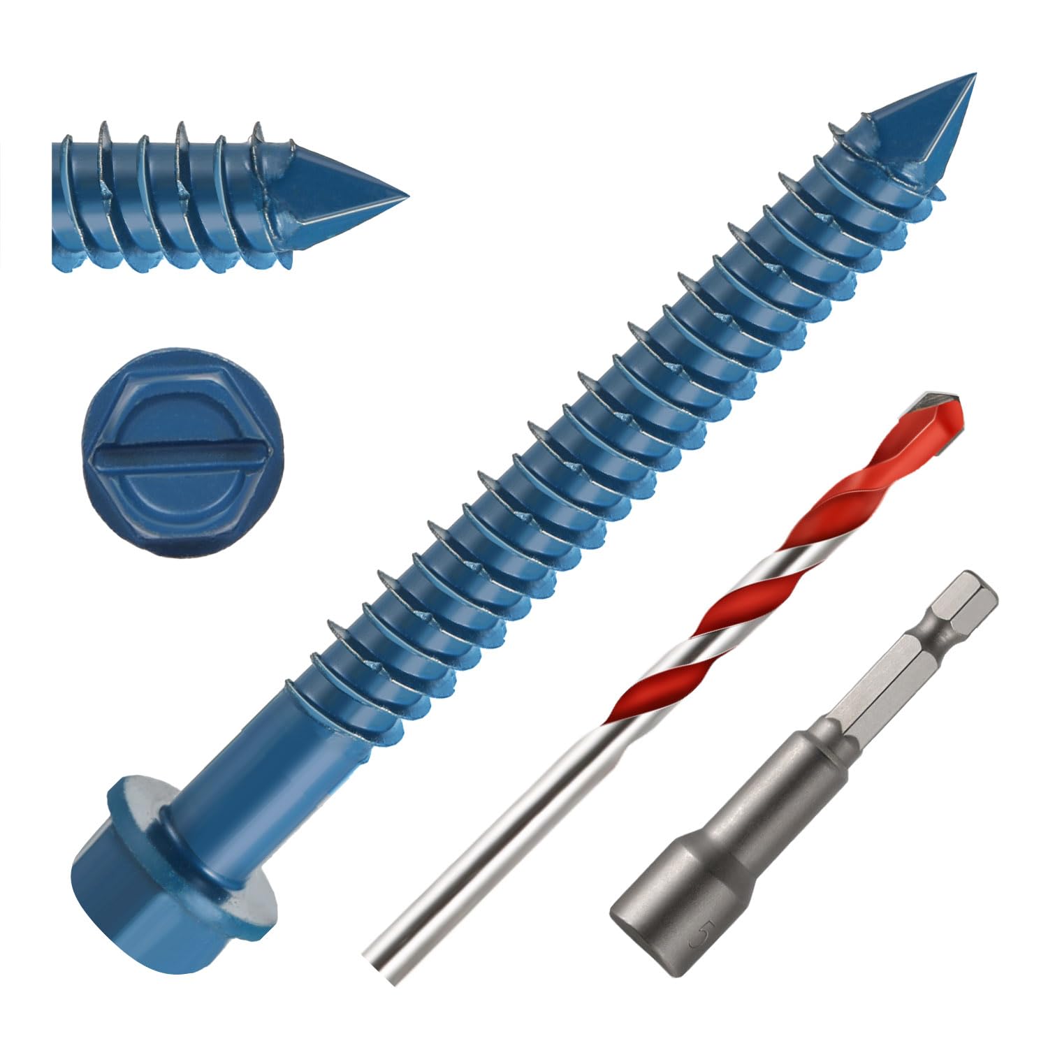1/4" x 2-1/4" Concrete Screws, 50 PCS Blue Hex Washer Head Concrete Screws Anchor Kit with Drill Bit and Hex Bit Socket, for Masonry, Cement, Block, Brick or Stucco