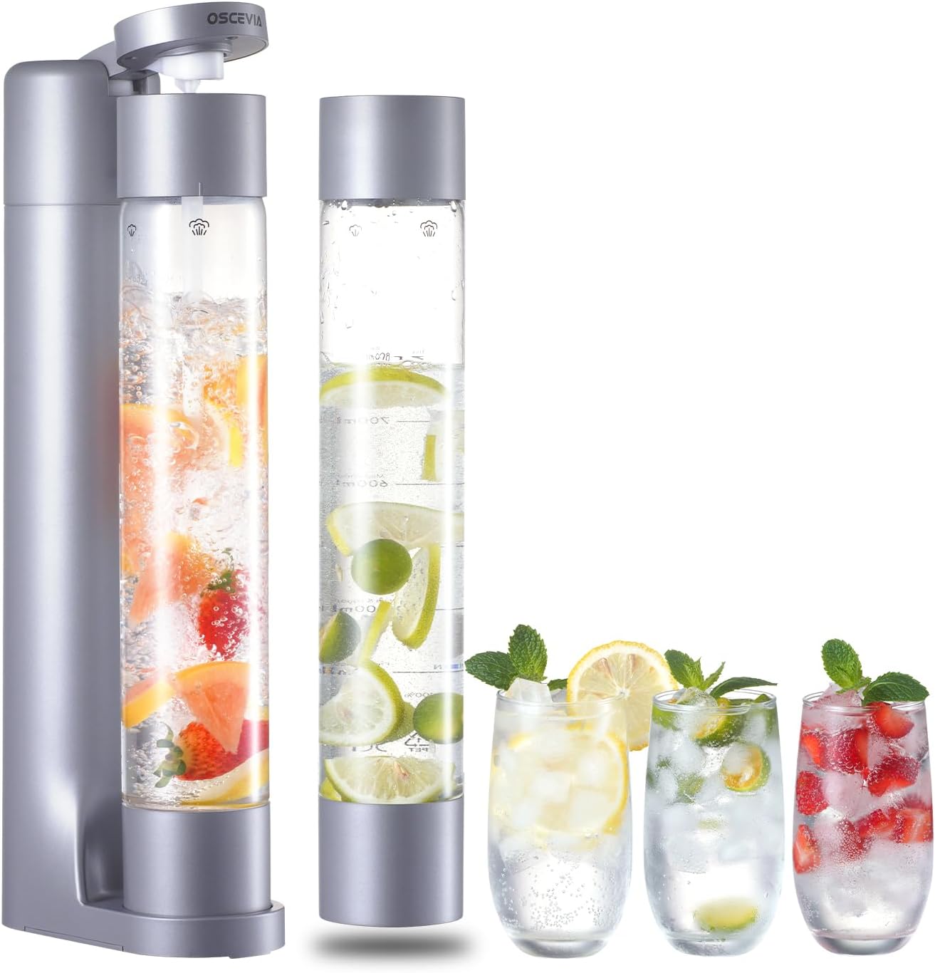 Sparkling Water Machine, Seltzer & Carbonator for Drinks, Soda Steaming Dispenser, Carbonator Machine with 2 BPA Free Bottles, Compatible with Screw-in 60L CO2 Cylinder(NOT Included), GREY