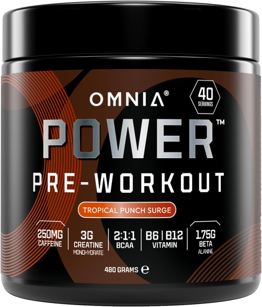 OMNIA Power Pre Workout Powder - Energy Drink with Creatine Monohydrate, Beta Alanine, Caffeine and Citrulline, Physical Performance for Gym or Sports, 40 Servings - Tropical Punch Surge
