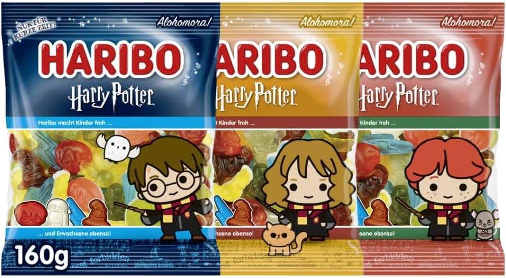 Haribo Set of 3 Harry Potter, Hermione & Ron Special Edition 160g - Fruit Gum Mix with Golden Snitch, Sorting Hat, Hedwig Owl & many more – Limited Edition