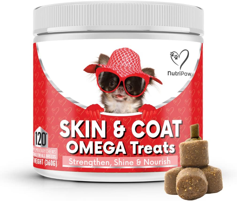 NutriPaw Skin & Coat Omega Treats - Nourish, Strengthen, Protect Skin & Coat, Reduce Excessive Shedding - Rich in EPA & DHA - Perfect for Small, Medium and Large Dogs