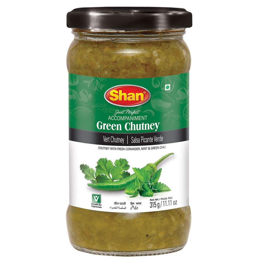 Shan Green Chutney 11.11 oz (315g) - Tasty Accompaniment from Fresh Coriander, Mint and Green Chillies - Delicious Zestful Dipping Sauce - Suitable for Vegetarians - Airtight Glass Jar