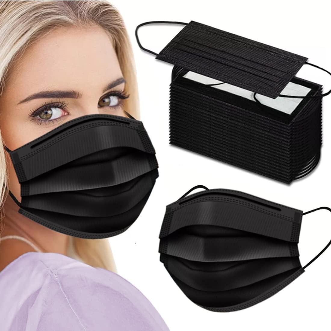 Black Face Masks, 3-Ply Black Masks Disposable 100 Pk (Premium Comfort Soft White Inside) Breathe Easy