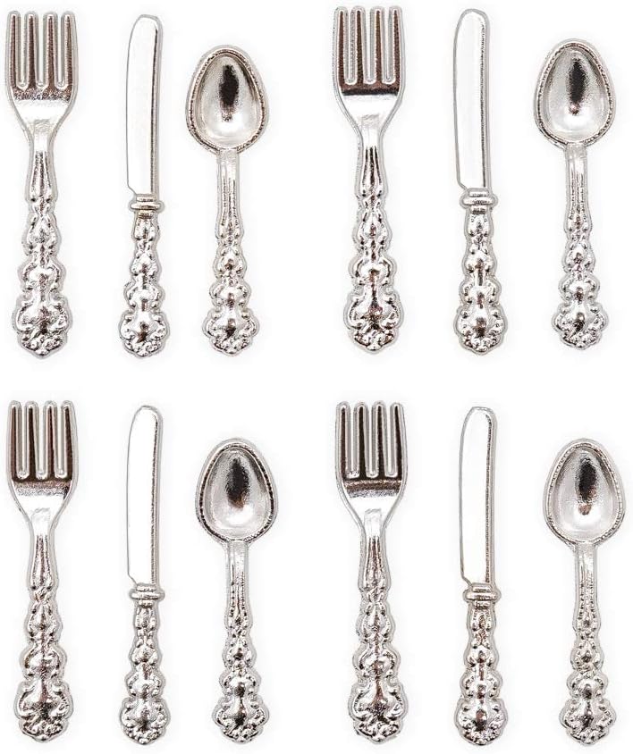 Odoria 1/12 Scale Dolls House Miniature Cutlery 12Pcs Knife and Fork Dollhouse Kitchen Accessories, Silver