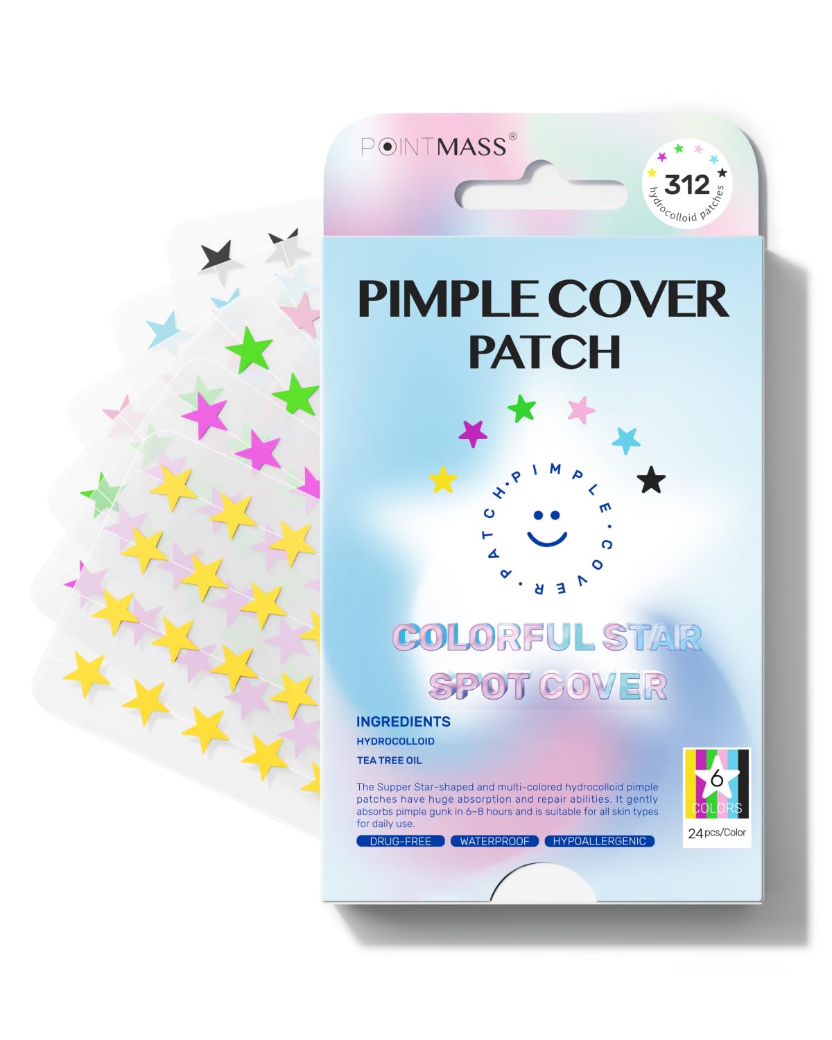 POINTMASS Star Pimple Patches for Face: Cute Acne Dots Hydrocolloid Stickers, Strong Absorption, 6 Colors, 312 Patches, Overnight Care