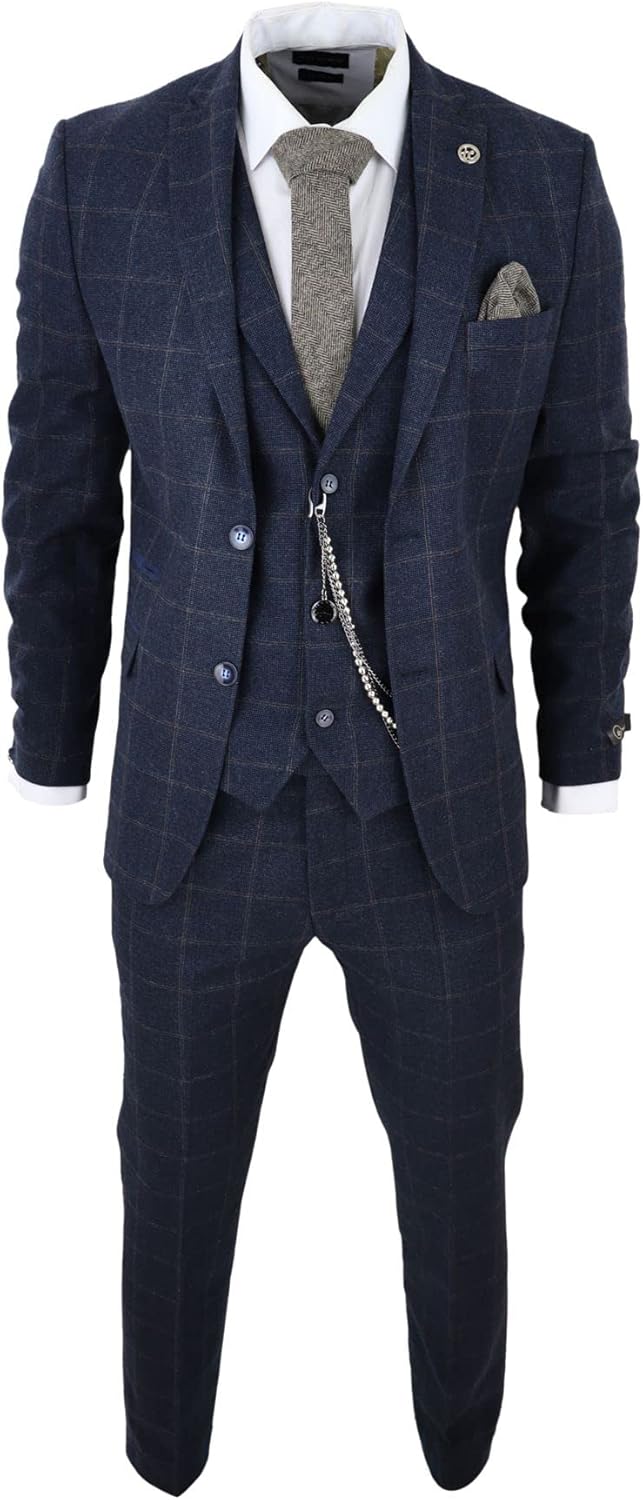 Men's 3 Piece Suit Wool Tweed Green Blue Brown Check 1920s Gatsby Formal Dress Suits