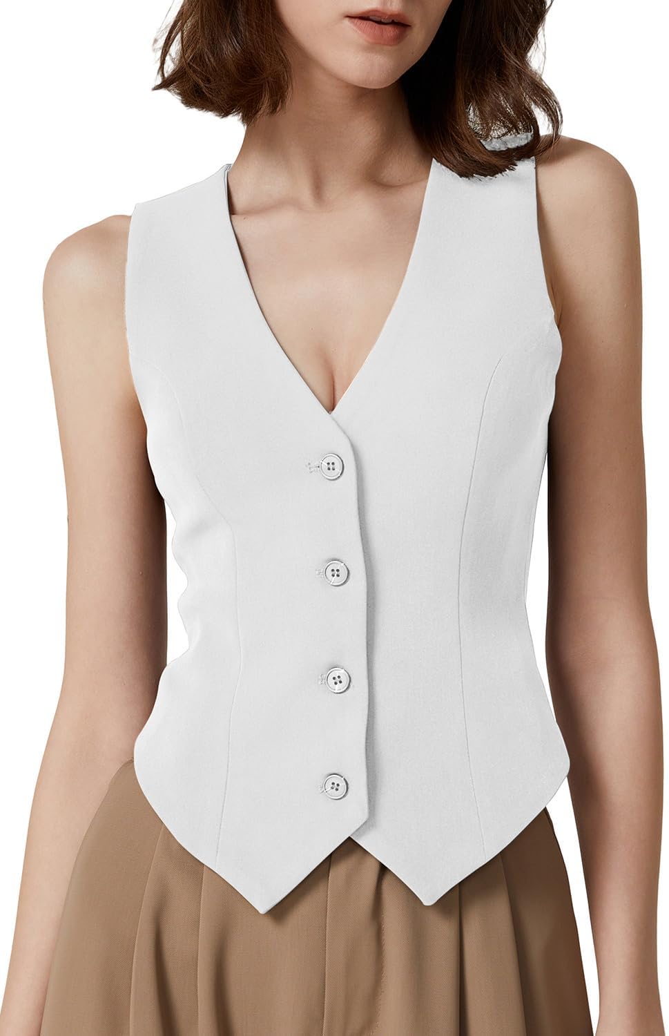 QINSEN Womens V Neck Vest Top Sleeveless Button Down Fully Lined Solid Going Out Crop Tops