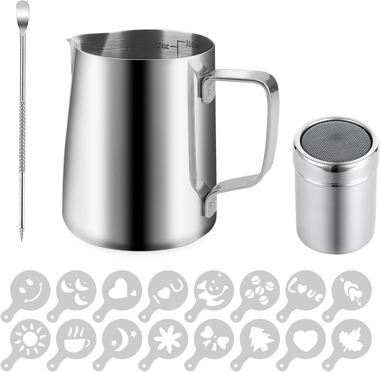 Milk Frothing Jug 350ml (12oz) 304 Stainless Steel Milk Frothing Pitcher, Milk Pitcher Cup Barista Milk Jug, Latte Decorating Art Pen and 16 Various Design Coffee Stencils, Barista Accessories