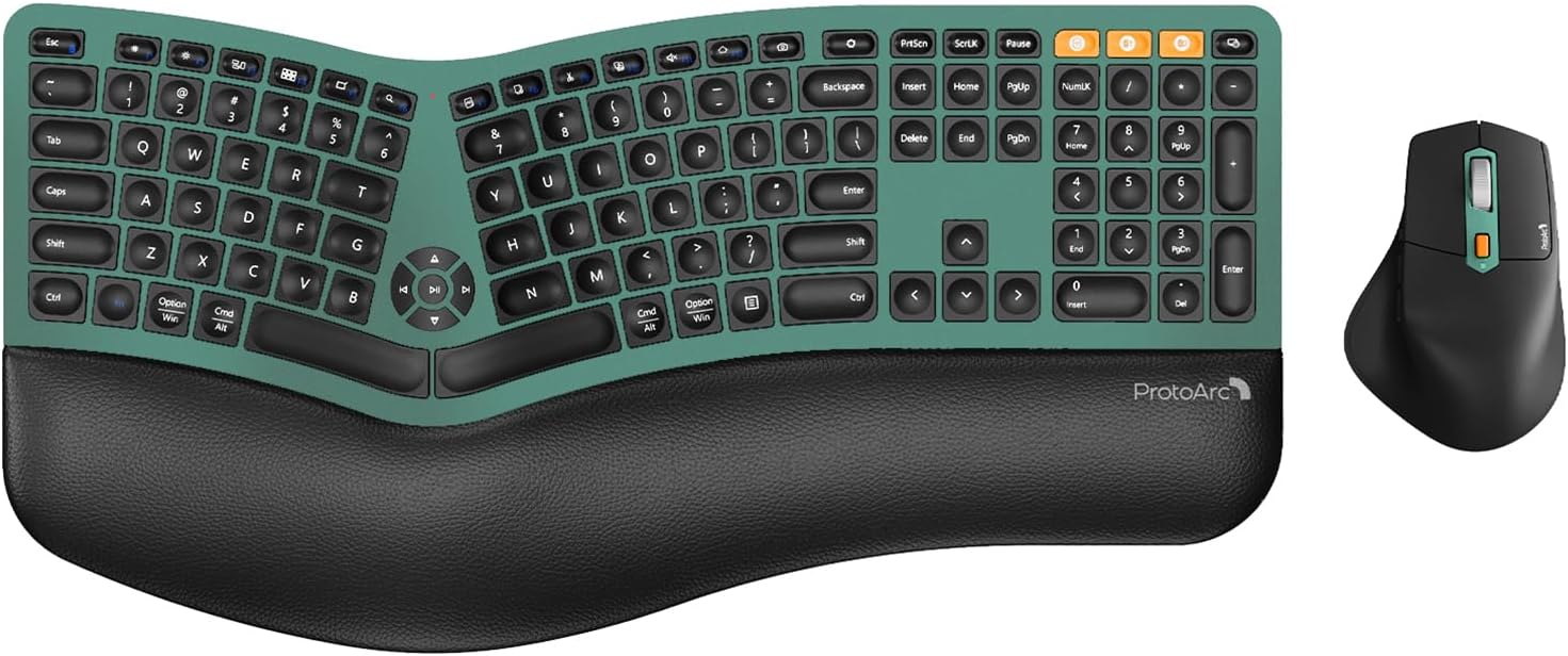 ProtoArc Ergonomic Wireless Keyboard Mouse, EKM01 Plus Full Size Ergo Bluetooth Keyboard Mouse Combo, Split Design, Wrist Rest, Multi-Device, Rechargeable, for Windows/Mac OS - Dark Green