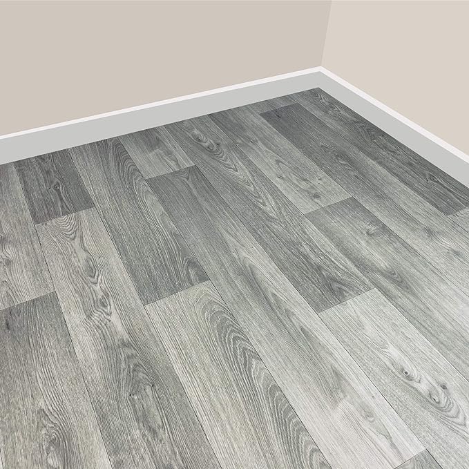 Grandismo Vine Grey Oak Effect Vinyl Lino Roll Flooring Kitchen Bathroom Waterproof Roll Sheet Anti-Slip Cushion Flooring (1metres x 2metres (3ft 3" x 6ft 6"))