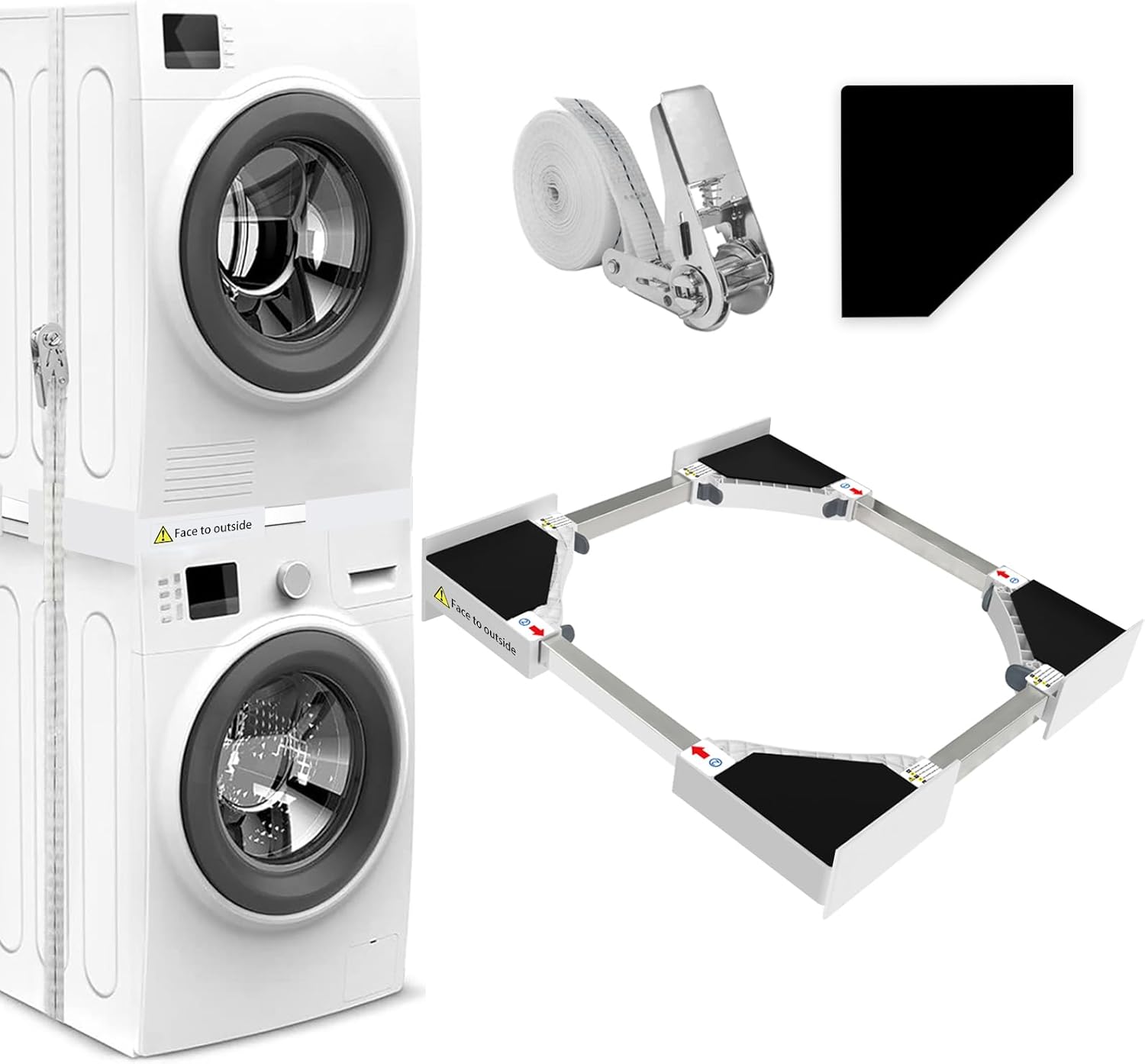 NIUXX Universal Stacking Kit for Washer and Dryer, Adjustable Stacking Frame Kit Fit for 46-66 cm Washing Machine and Tumble Dryers, Stacking Shelf with Ratchet Ropes and Anti Vibration Feet