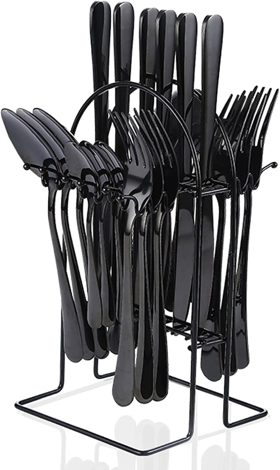 Flatware Set with Stand, 24 PCS Stainless Steel Black Cutlery Set for 6 Person, Knife Fork Spoon Mirror Polished Design Flatware Set with Holder, Dishwasher Safe & Easy to Clean (Black)