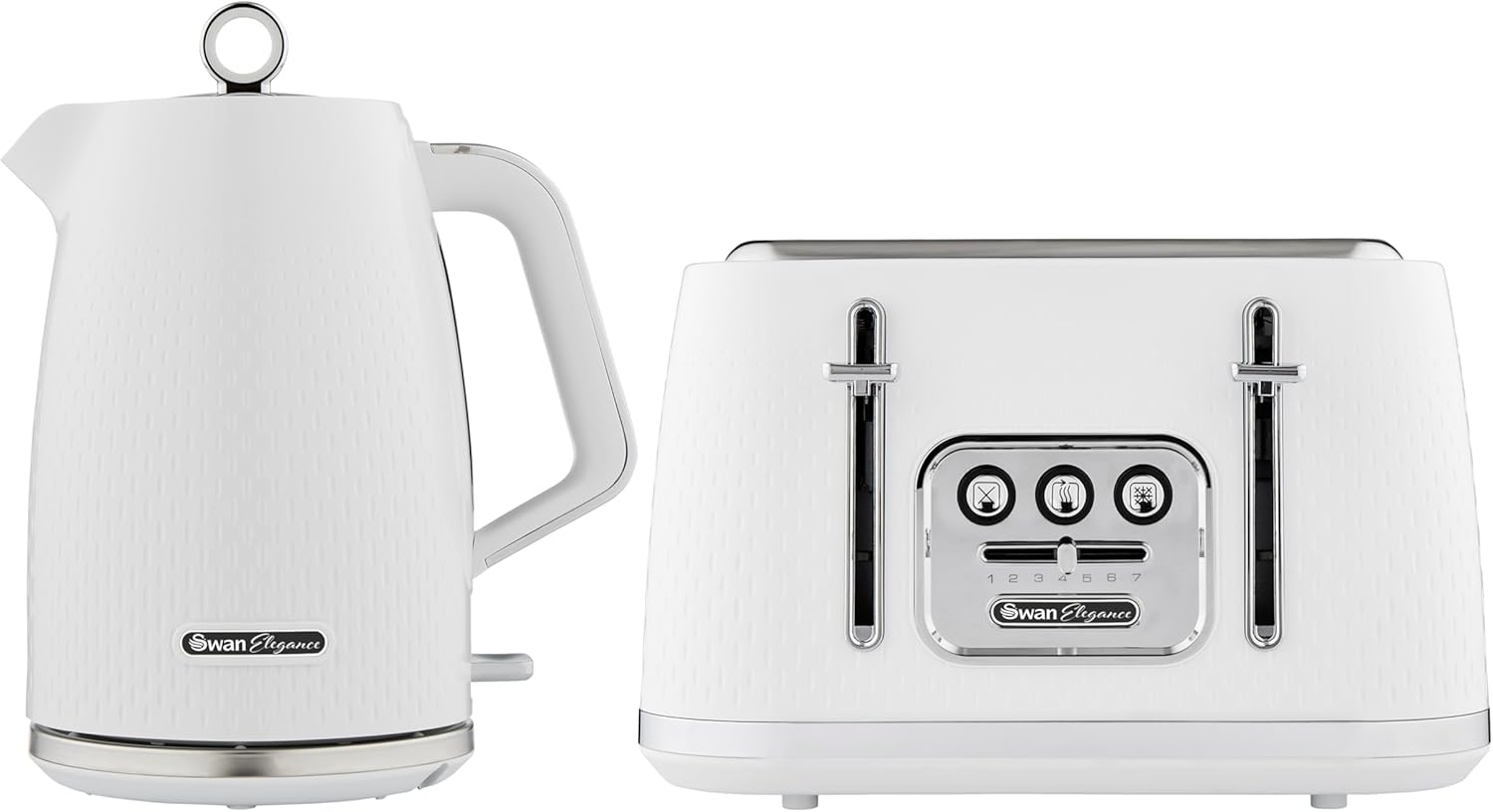 Swan Elegance Kitchen Set, 1.7L Kettle & 4 Slice Toaster, White, SK14016WHT & ST19025WHT