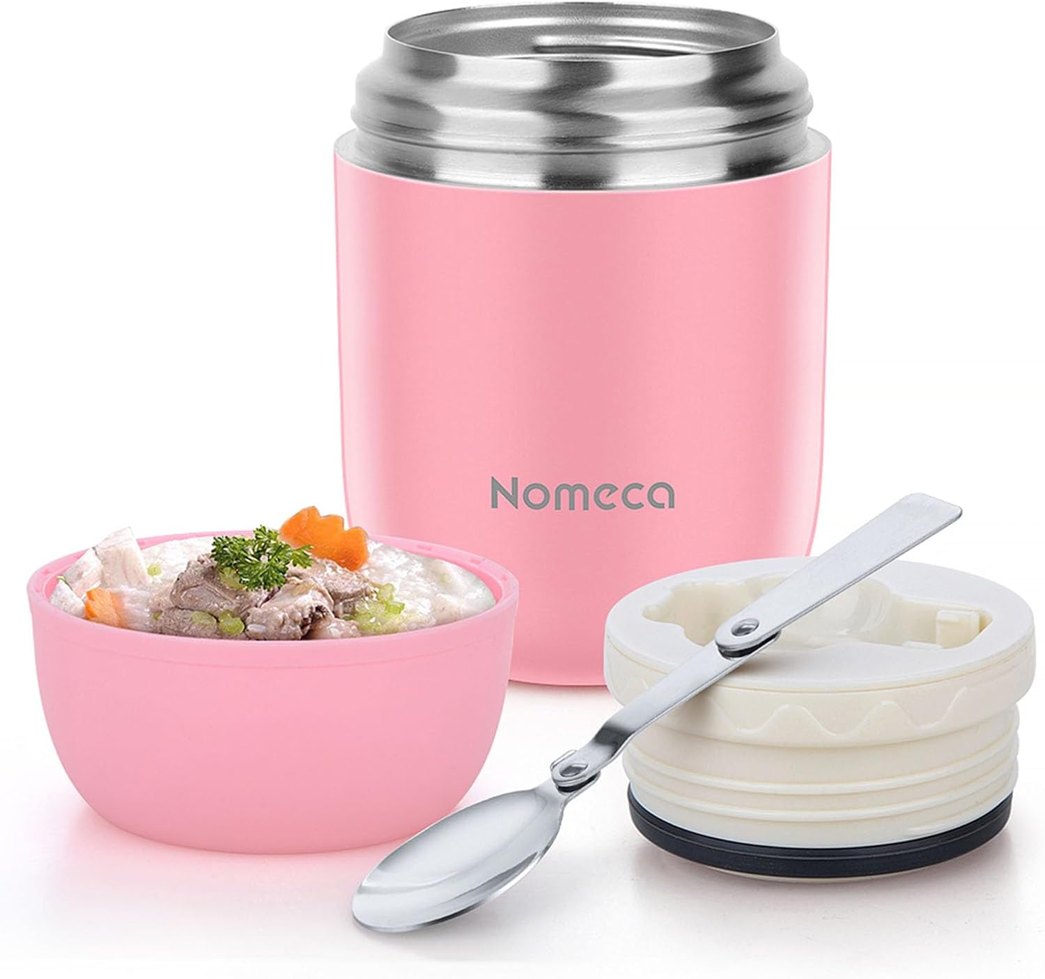 Nomeca Food Thermo Kids Thermo for Hot Food 16Oz Vacuum Insulated Food Jar with Folding Spoon, Stainless Steel Wide Mouth Hot Bento Lunch Container for Kids/Adult, Pink