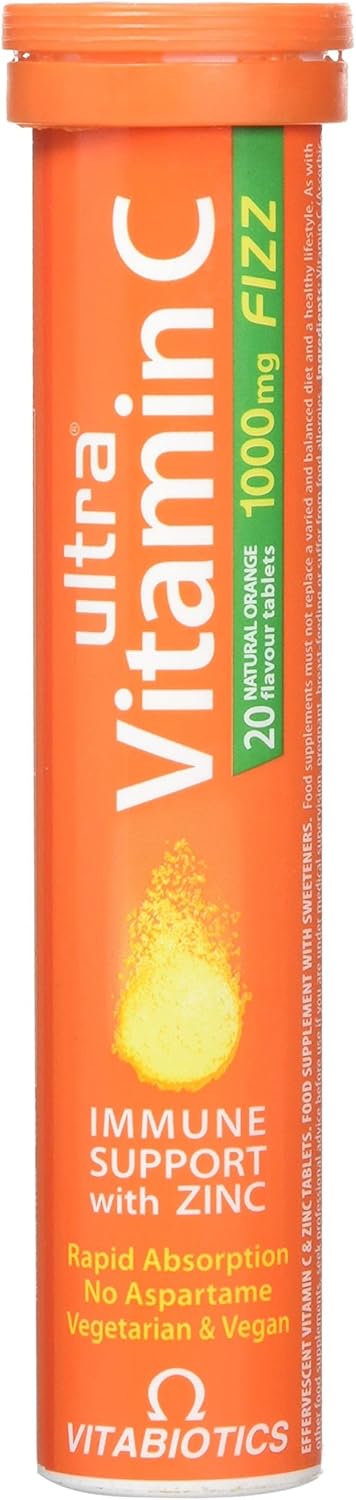 Vitabiotics Ultra Vitamin C Effervescent, Dissolvable with Zinc, Orange Flavour, 20 Tablets, Pack of 1