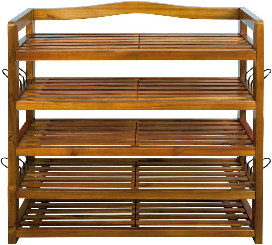CASARIA® Shoe Rack | Up to 200kg | 5 Tiers | Solid Acacia Wood | Rustic Design | Hallway, Bathroom, Kitchen Shoe Boot Footwear Storage Cabinet | Dark Brown | 95 x 26 x 82 cm